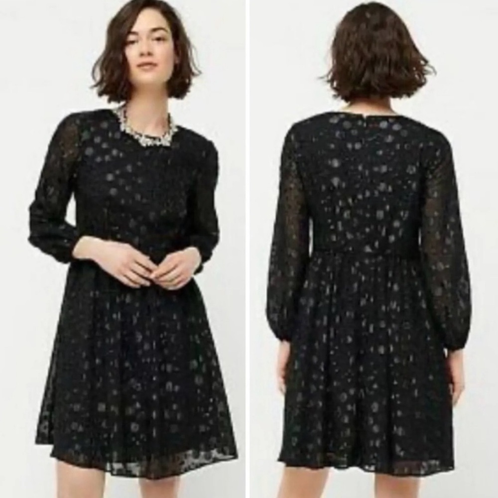 J CREW A-line Dress in Metallic Dot Jacquard Long Sleeve Pockets Size 10